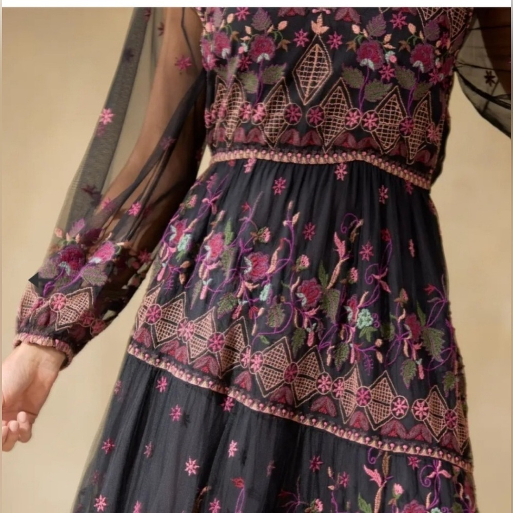 Sundance Soiree In Vienna Dress Black Sheer Embroidered Floral Maxi Boho Size PS - Picture 5 of 11